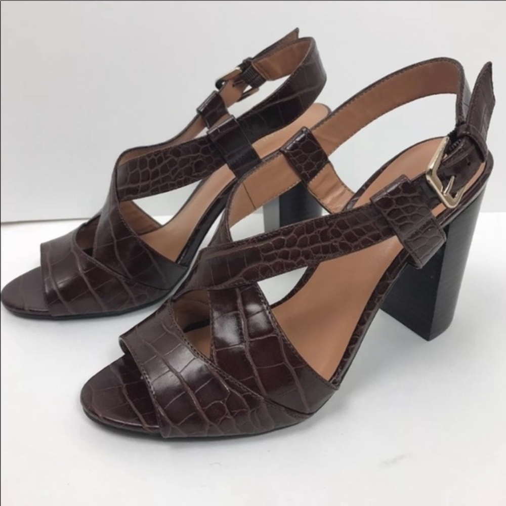 Women's Brown Croc-Embossed Block Heel Sandals